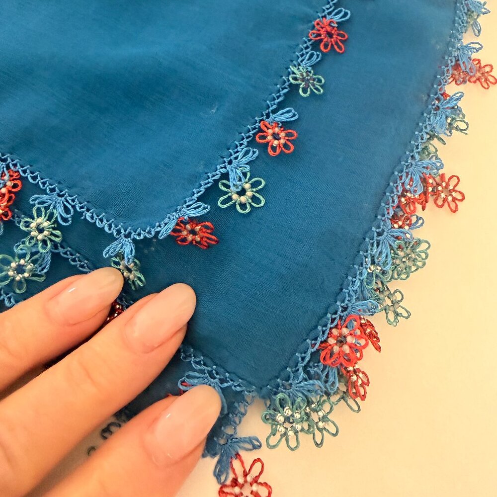 Traditional Collectable New Turkish Oya Scarf Blue and Rose Handmade Lace